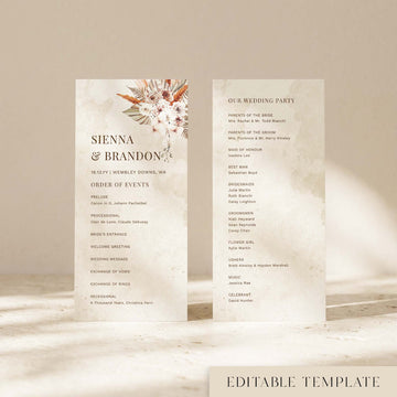 Boho DL wedding ceremony program template showing front and back, with dried floral illustration featuring pampas grass, roses and ferns on a warm watercolour background.