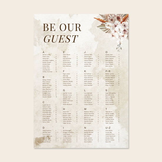 Wedding alphabetical table seating plan template design on a beige background.
