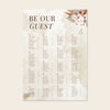 Wedding alphabetical table seating plan template design on a beige background.