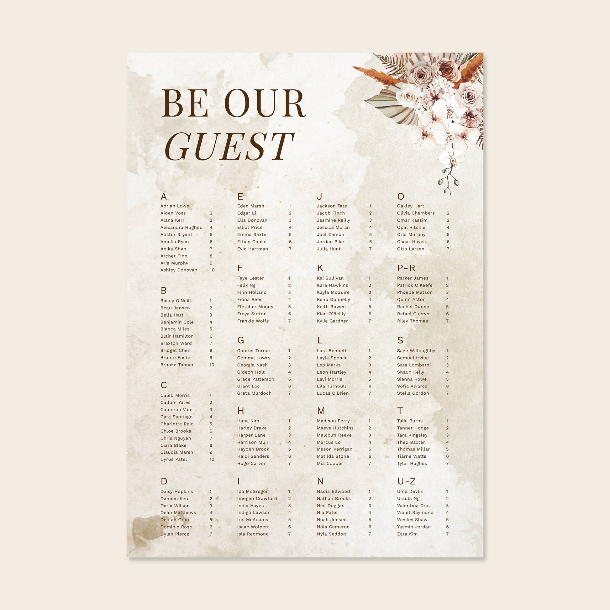 Wedding alphabetical table seating plan template design on a beige background.