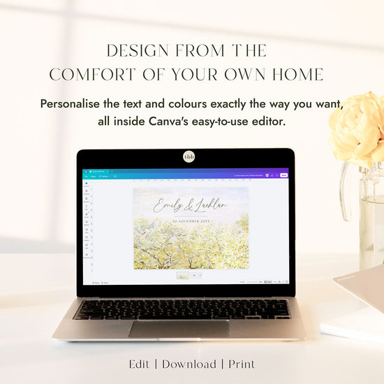 Laptop displaying the Monet Spring Orchard welcome sign template open in Canva, ready to edit, beside soft yellow roses.
