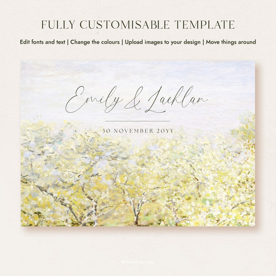 Flat view of the editable Monet welcome sign template, with script names and date above soft yellow blossom trees and a lilac sky.