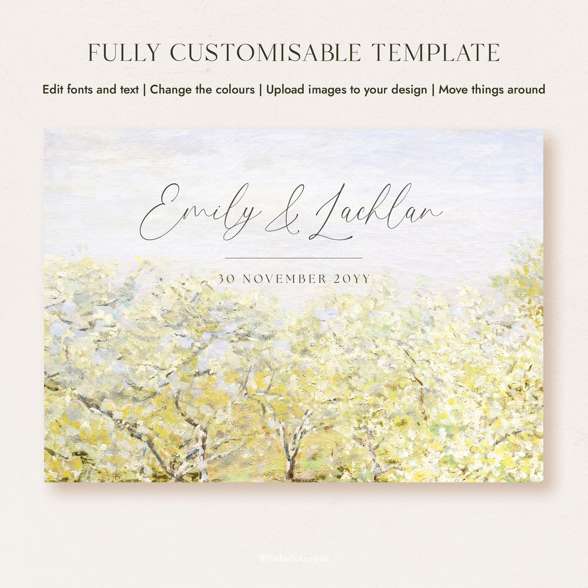 Flat view of the editable Monet welcome sign template, with script names and date above soft yellow blossom trees and a lilac sky.