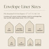 Diagram of envelope liner sizes fitting standard US envelopes on a beige background.