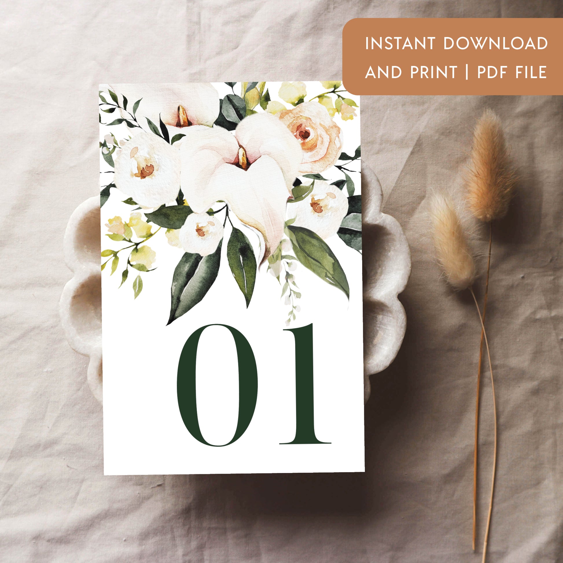 Printable White And Green Florals Table Numbers