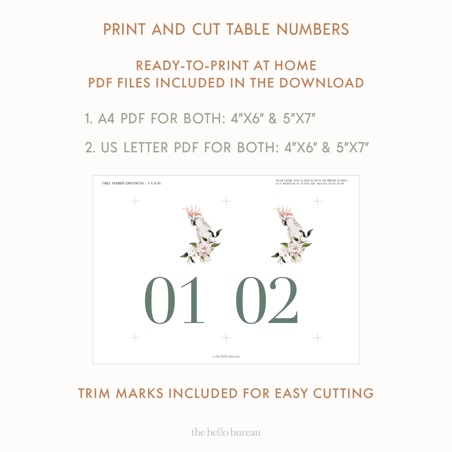 Printable Pink Cockatoo Table Numbers 1-50