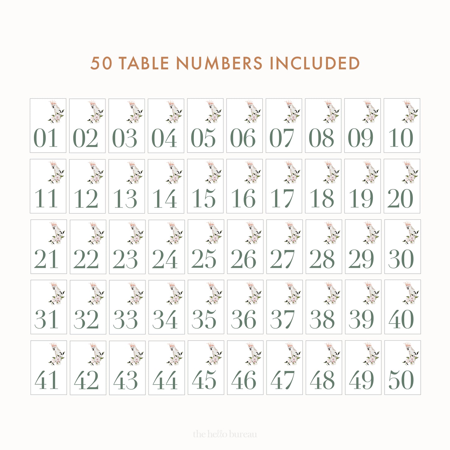 Printable Pink Cockatoo Table Numbers 1-50