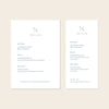 Two wedding menu templates, one tall and one wide, displayed on a beige background.