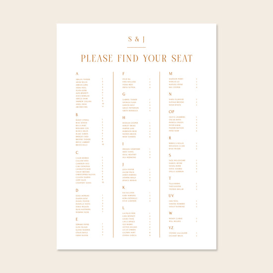 Wedding alphabetical table seating plan template design on a beige background.