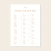 Wedding alphabetical table seating plan template design on a beige background.