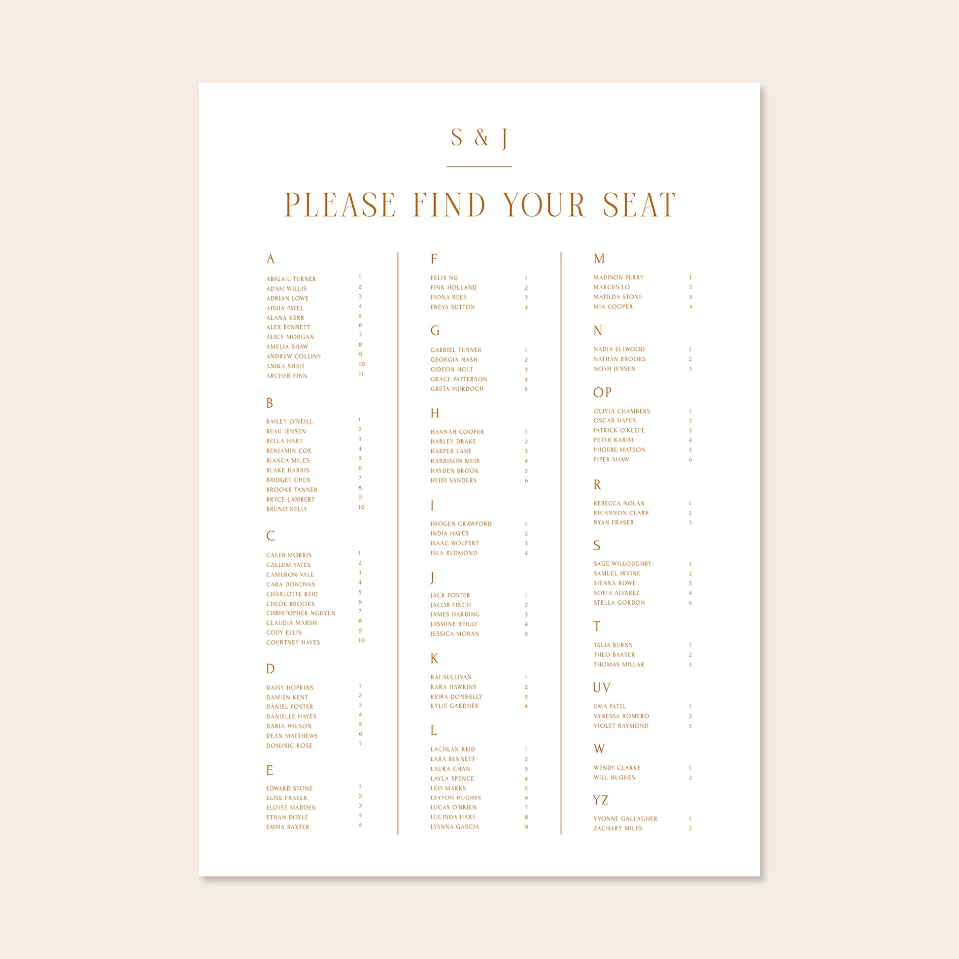 Wedding alphabetical table seating plan template design on a beige background.