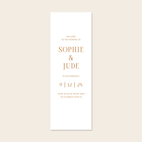 Vertical white fabric sign template on a beige background.