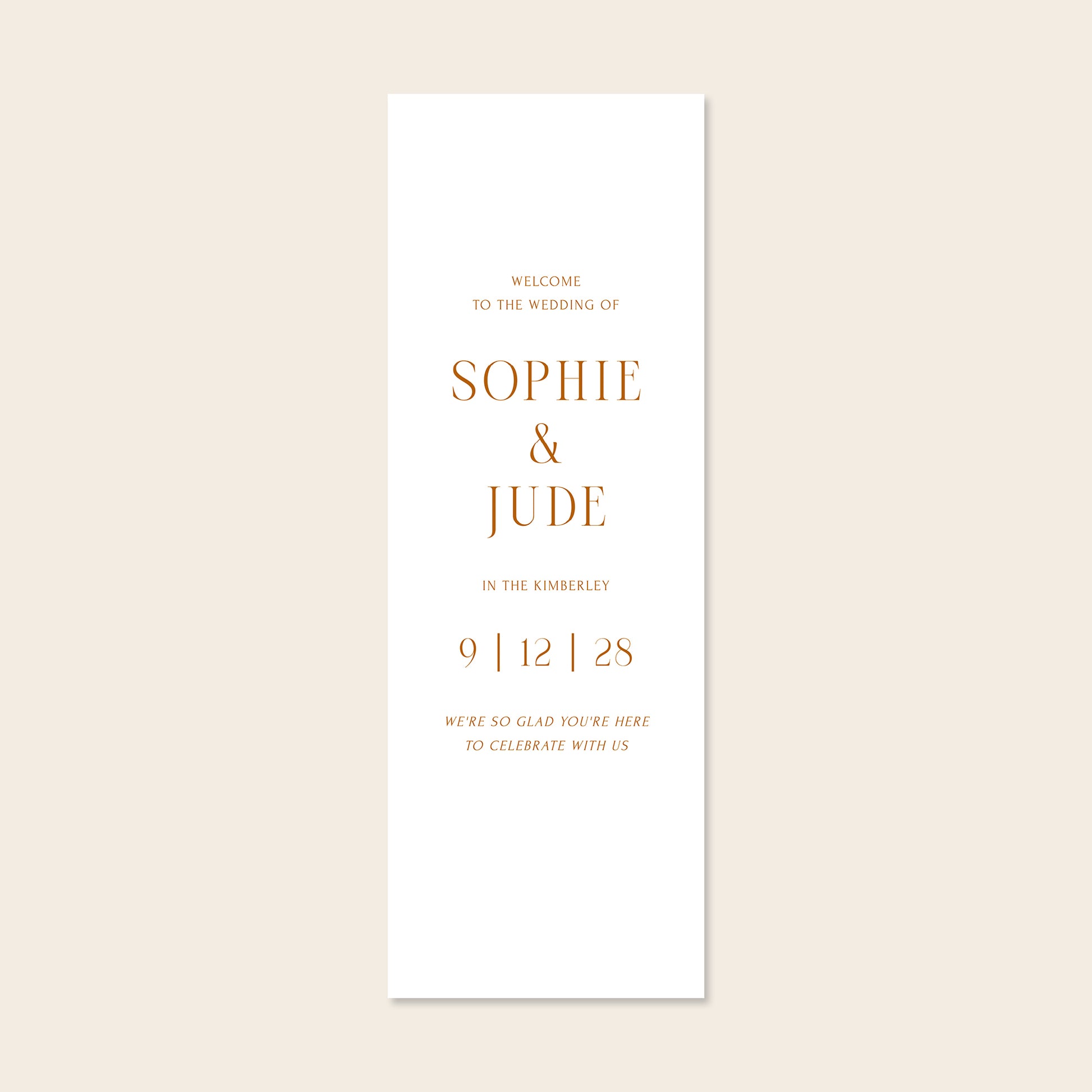 Vertical white fabric sign template on a beige background.