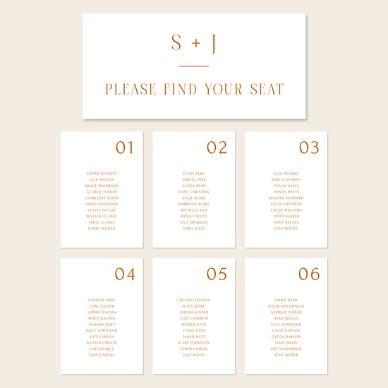 Printable seating chart cards template design with names and title on a beige background.