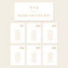 Printable seating chart cards template design with names and title on a beige background.