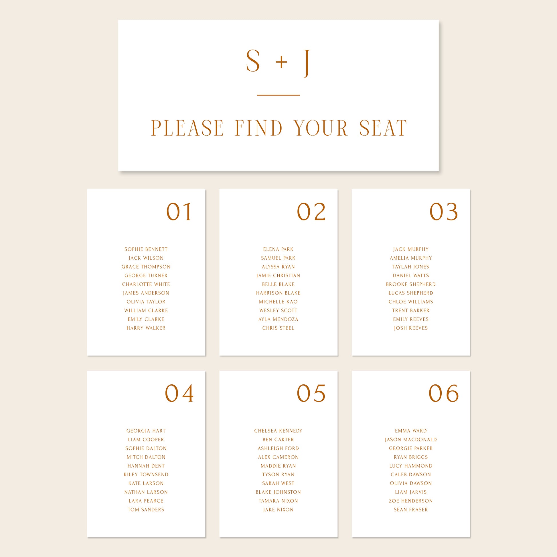 Printable seating chart cards template design with names and title on a beige background.