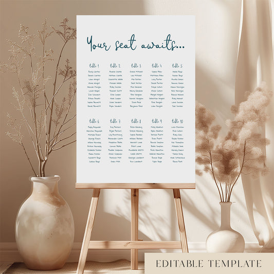 Whimsical ten tables wedding seating chart template on a wooden easel with dried stems and neutral boho styling.