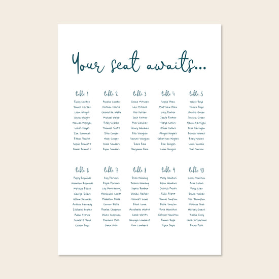 Editable whimsical wedding seating chart template with script heading and blue guest list columns on a clean cream background.