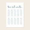 Editable whimsical wedding seating chart template with script heading and blue guest list columns on a clean cream background.