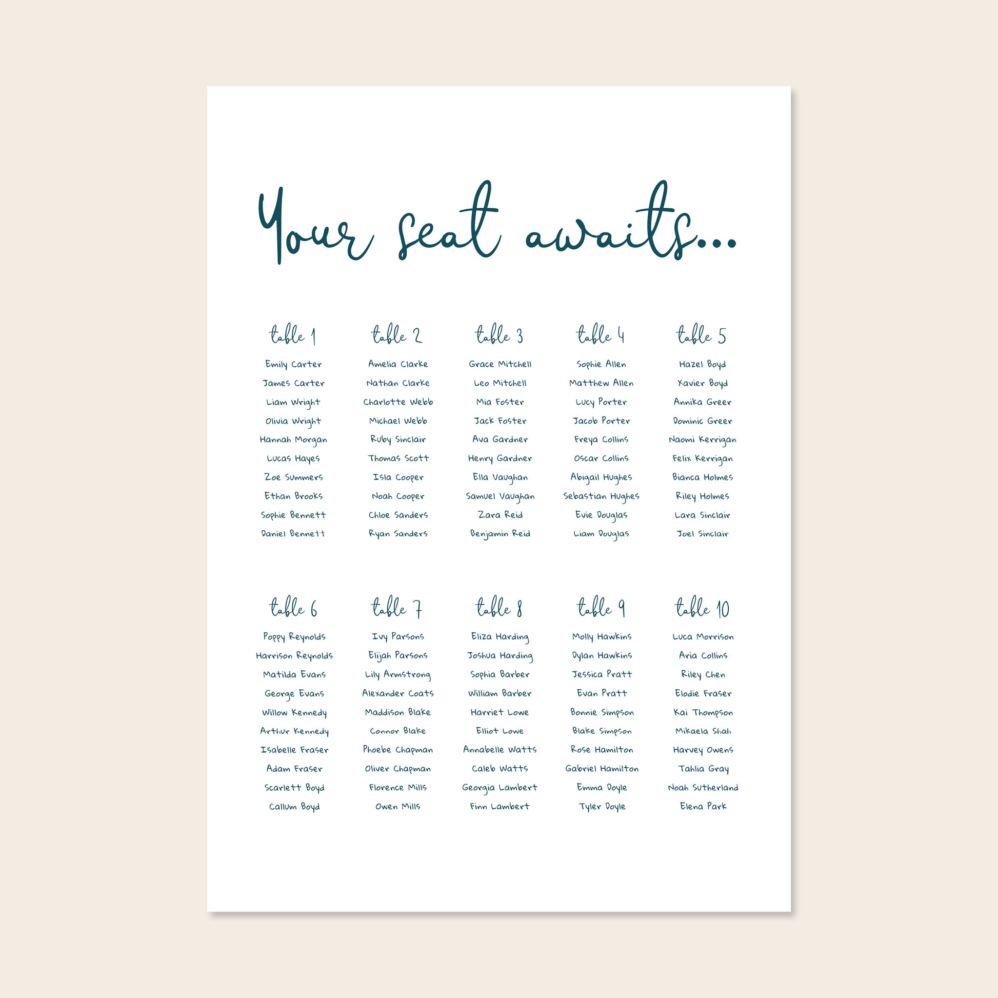 Editable whimsical wedding seating chart template with script heading and blue guest list columns on a clean cream background.