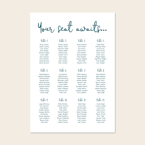 Editable whimsical wedding seating chart template with script heading and blue guest list columns on a clean cream background.