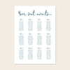 Editable whimsical wedding seating chart template with script heading and blue guest list columns on a clean cream background.