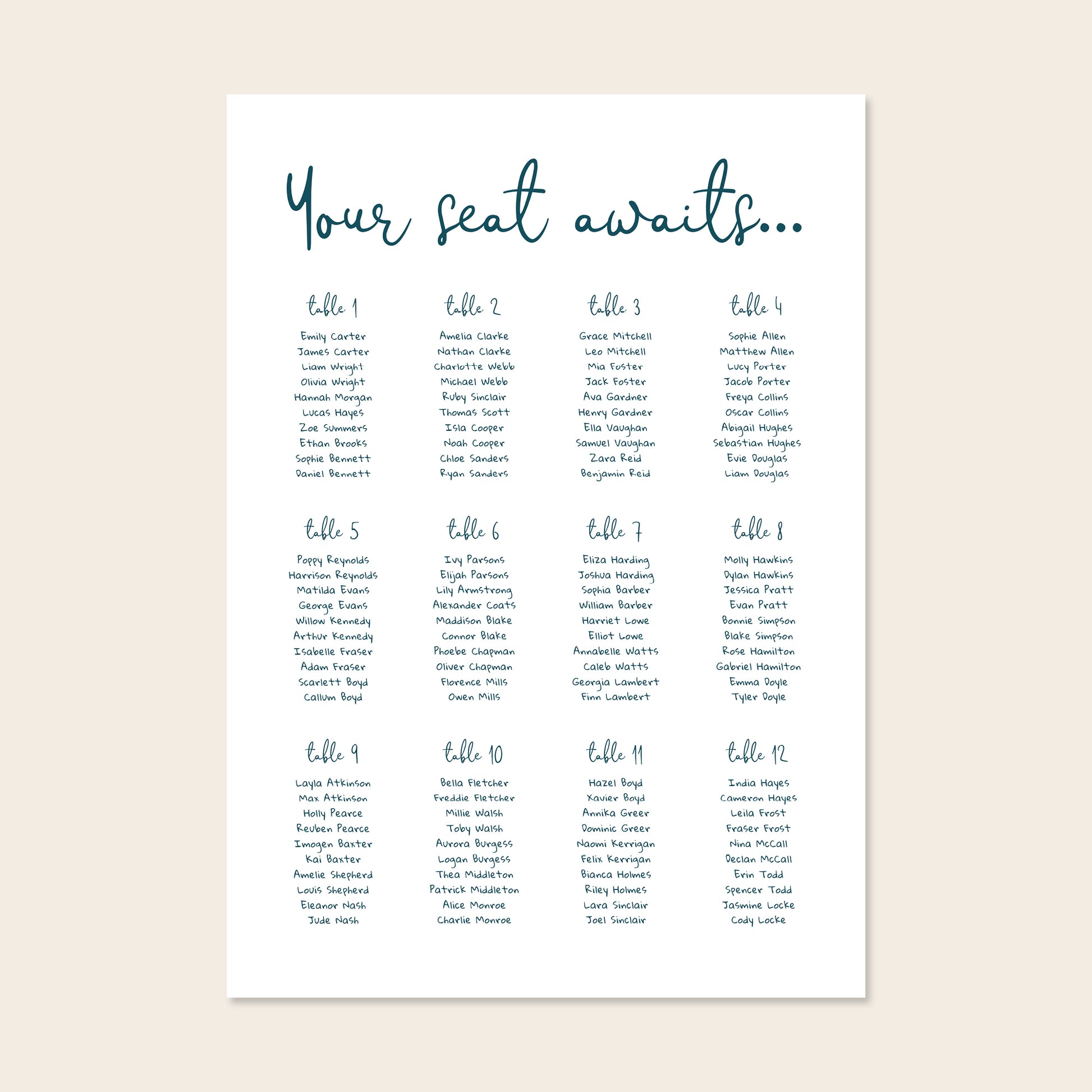 Editable whimsical wedding seating chart template with script heading and blue guest list columns on a clean cream background.