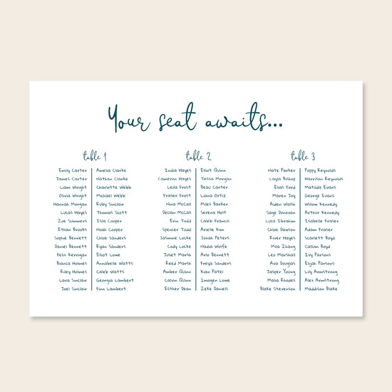 Editable long tables wedding seating chart template with script heading and navy guest list columns on a clean cream background.
