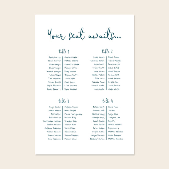 Editable long tables wedding seating chart template with script heading and navy guest list columns on a clean cream background.