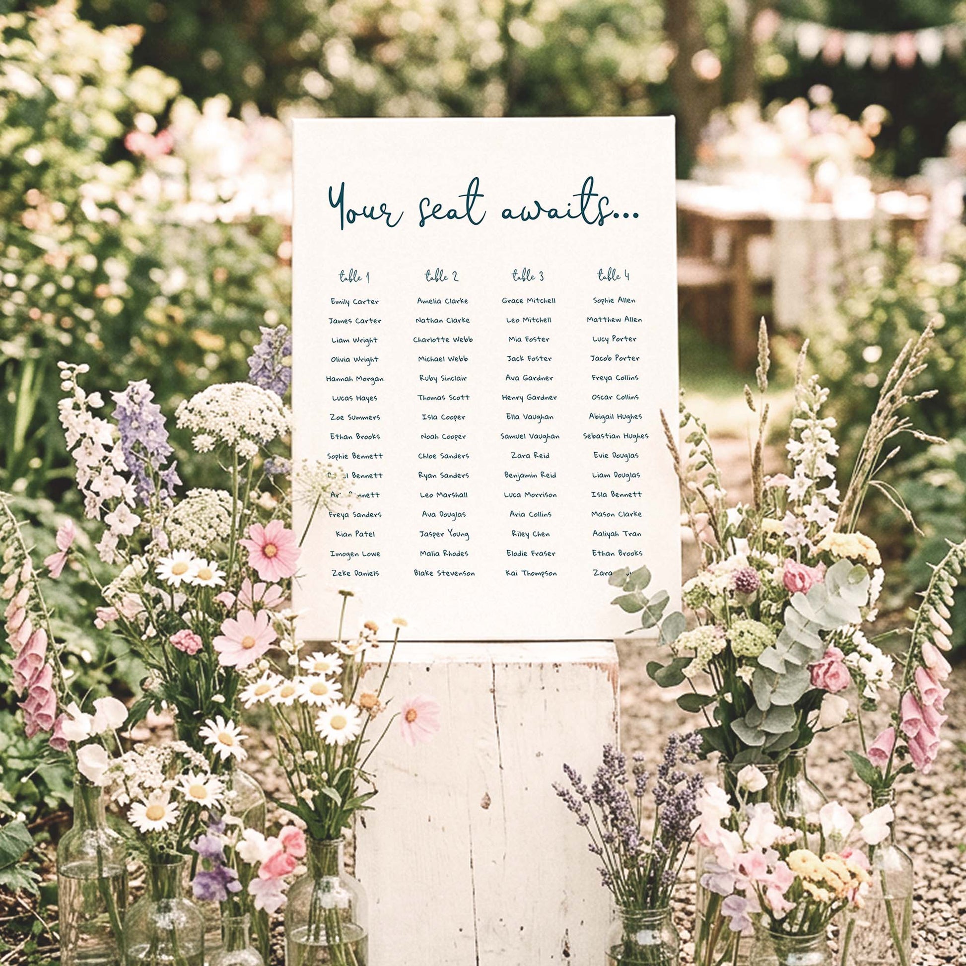 DIY 4-table wedding seating chart template styled at an outdoor wedding surrounded by wildflowers and greenery.