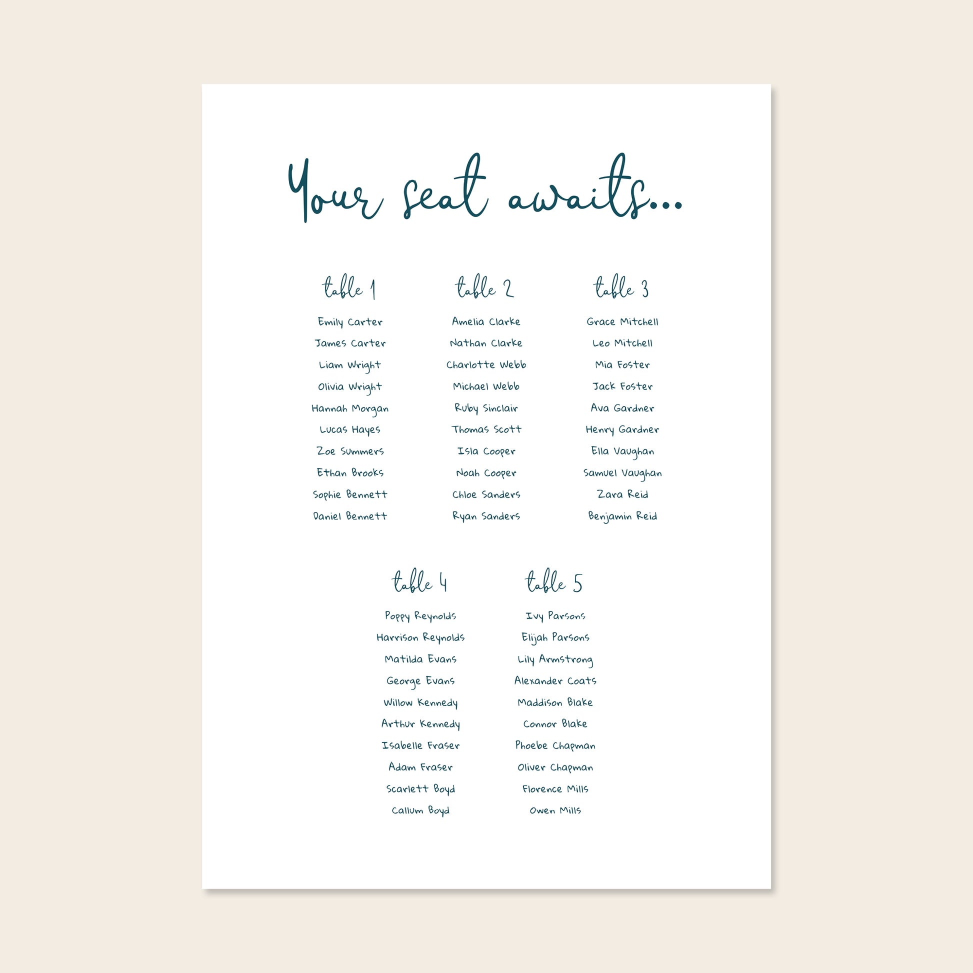 Editable whimsical wedding seating chart template with script heading and blue guest list columns on a clean cream background.