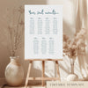 Whimsical blue wedding seating chart template on a wooden easel with dried stems and neutral boho styling.