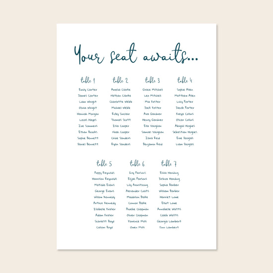 Editable whimsical wedding seating chart template with script heading and blue guest list columns on a clean cream background.
