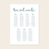 Editable whimsical wedding seating chart template with script heading and blue guest list columns on a clean cream background.