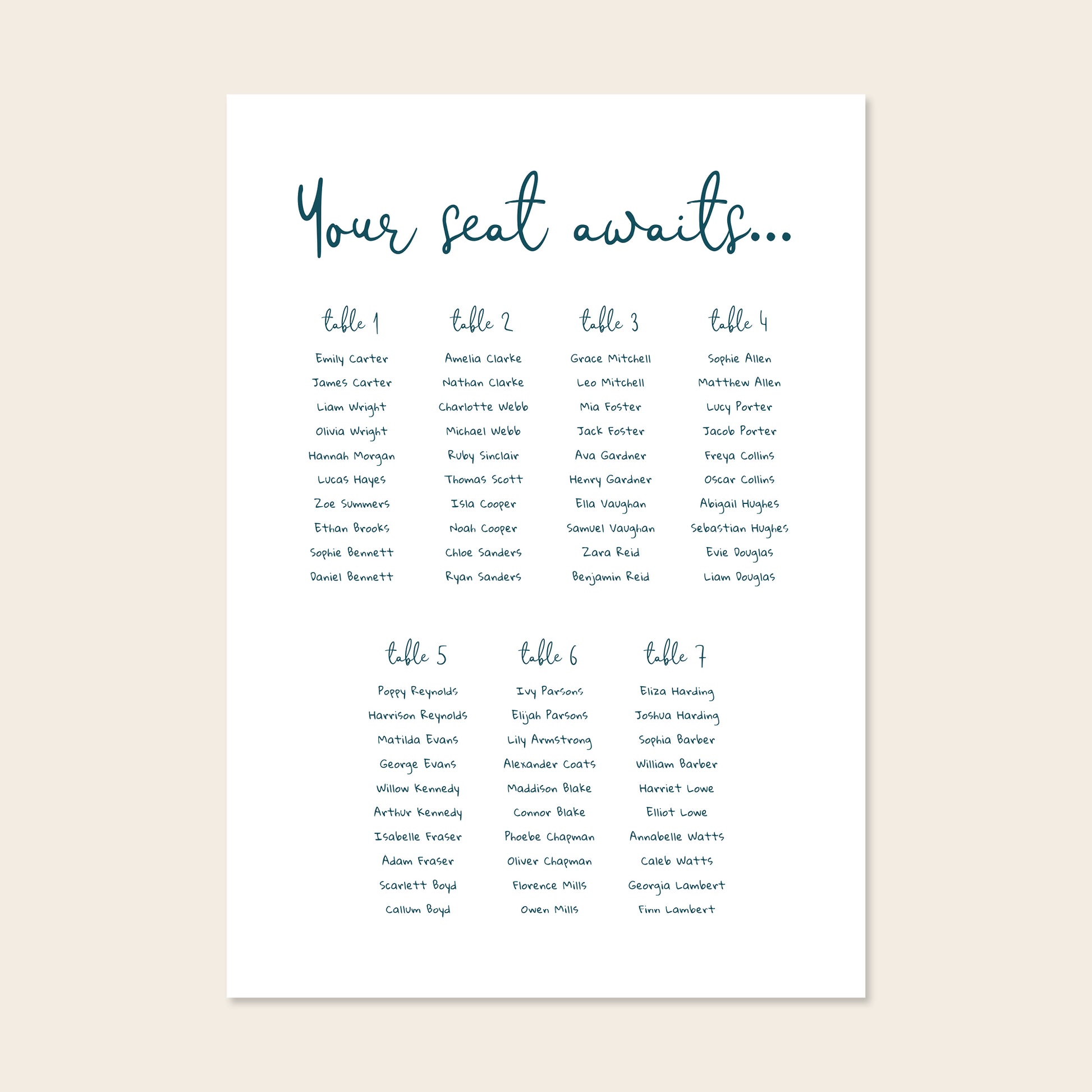 Editable whimsical wedding seating chart template with script heading and blue guest list columns on a clean cream background.