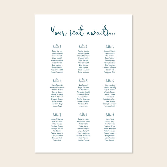 Editable whimsical wedding seating chart template with script heading and blue guest list columns on a clean cream background.