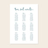 Editable whimsical wedding seating chart template with script heading and blue guest list columns on a clean cream background.