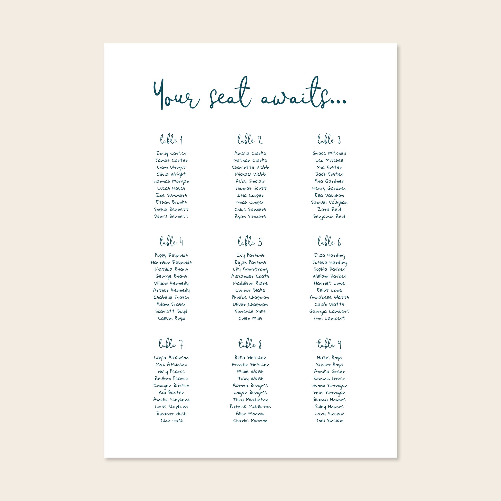 Editable whimsical wedding seating chart template with script heading and blue guest list columns on a clean cream background.