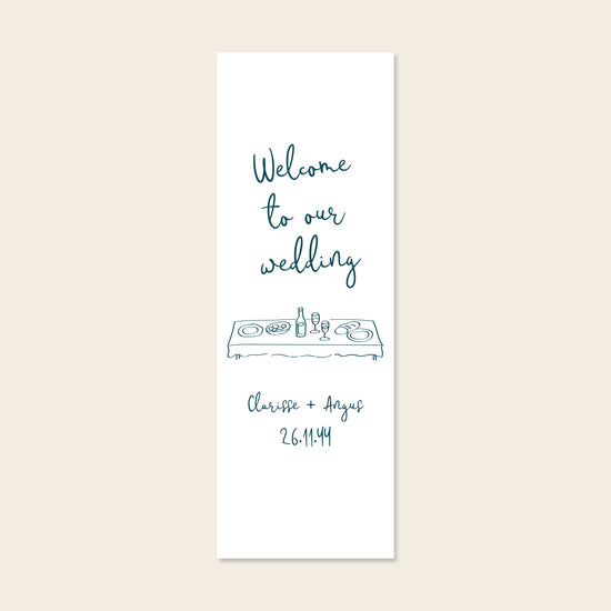 Vertical whimsical fabric wedding welcome sign template on a beige background.