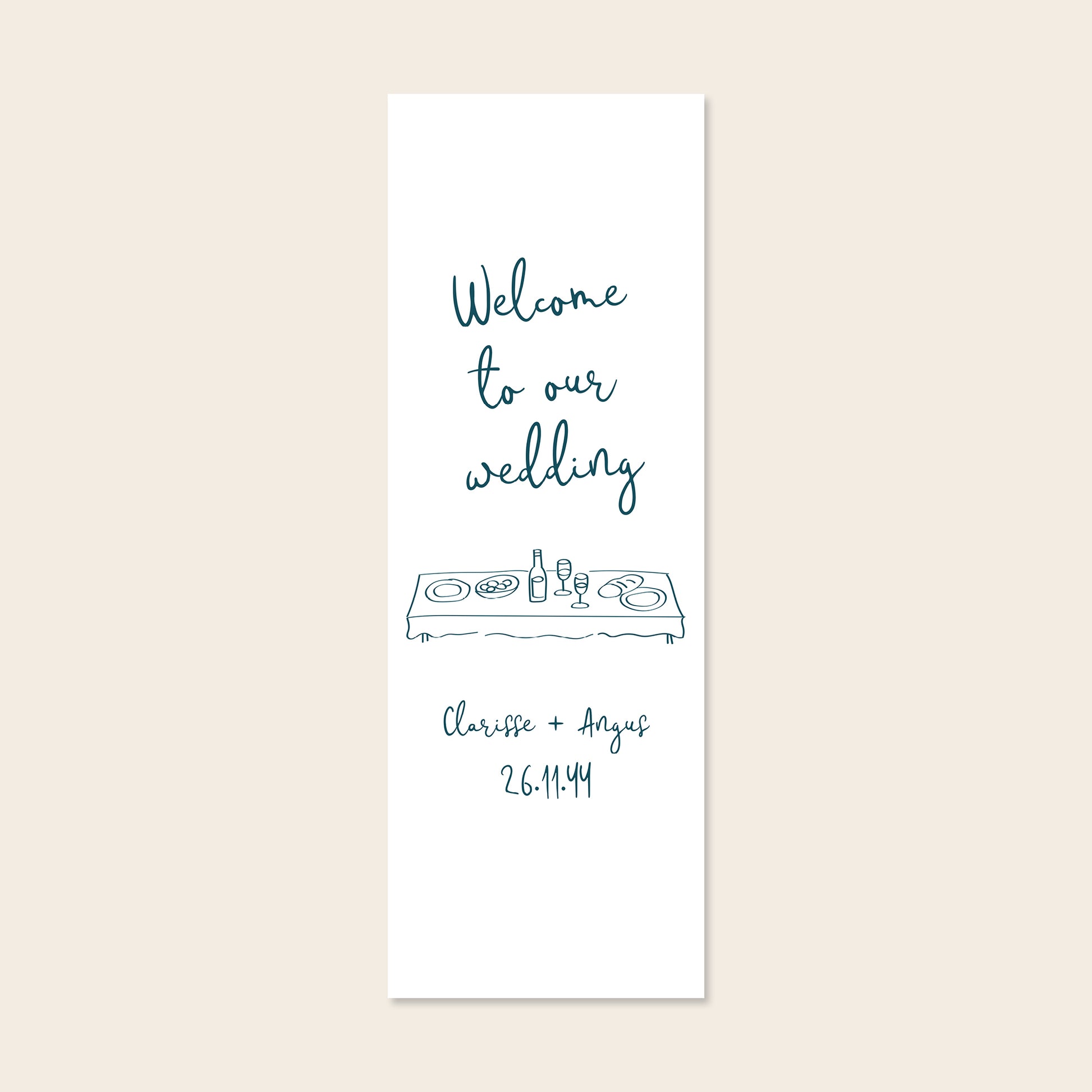 Vertical whimsical fabric wedding welcome sign template on a beige background.