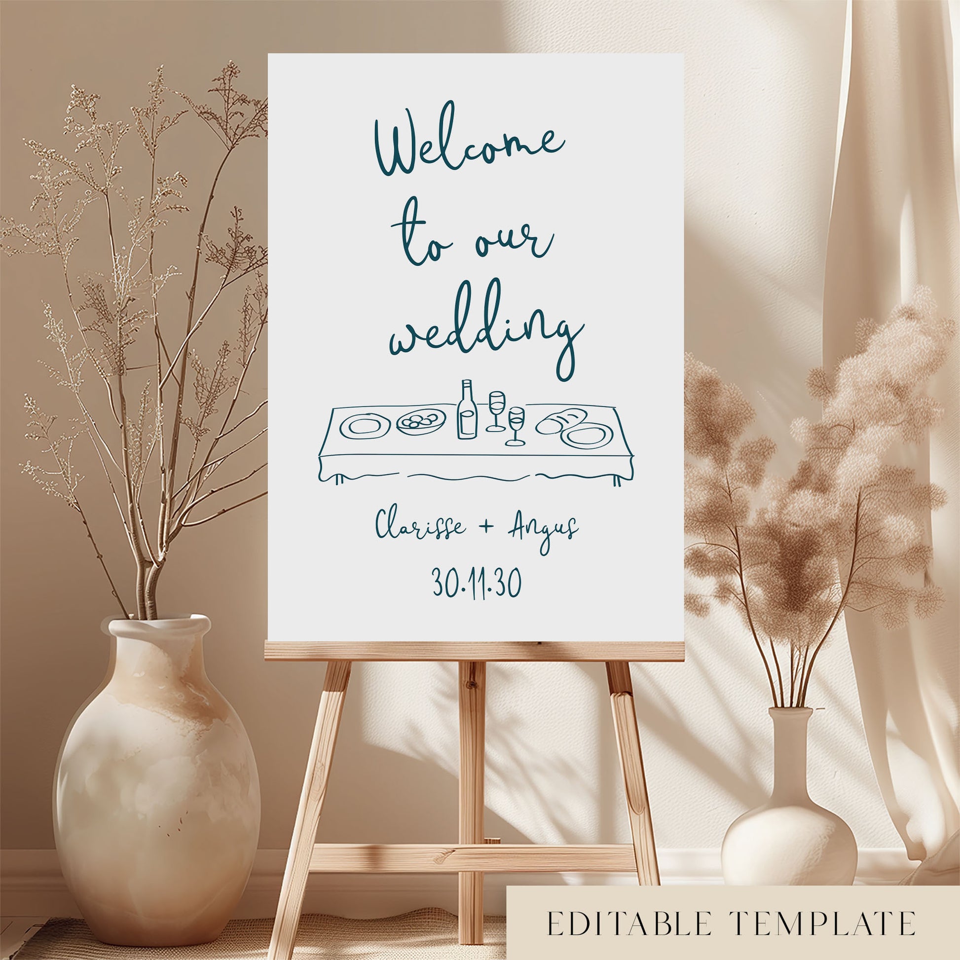 Printable whimsical wedding welcome sign on an easel with hand-drawn illustration and relaxed, informal typography.