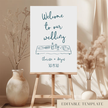Printable whimsical wedding welcome sign on an easel with hand-drawn illustration and relaxed, informal typography.