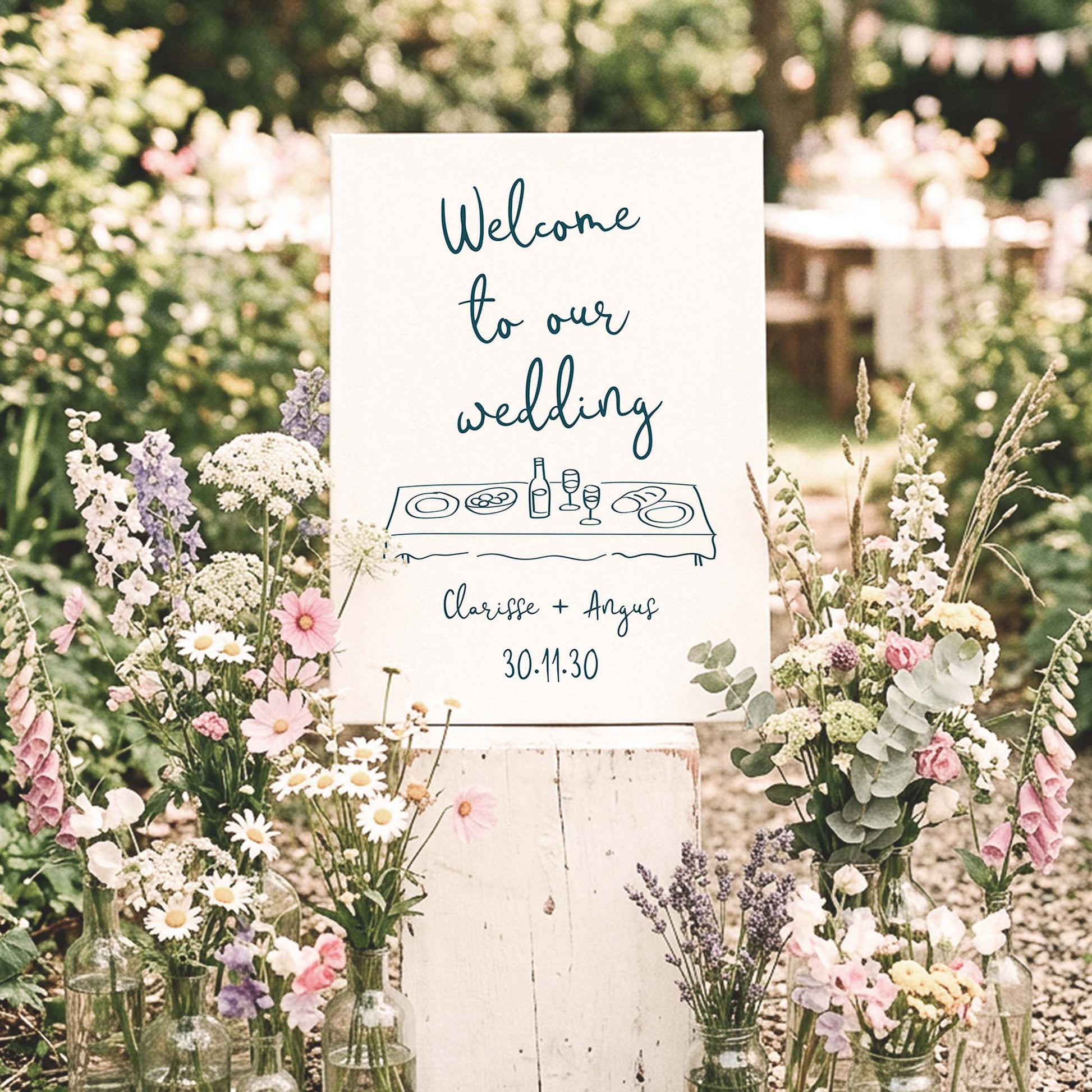 Whimsical wedding welcome sign template with hand-drawn illustration in a warm, informal wedding setting.