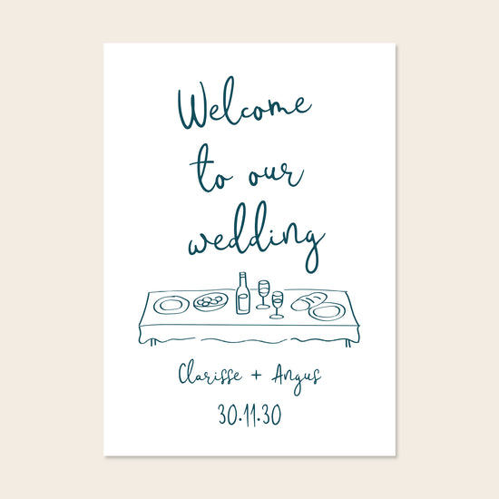 Whimsical wedding welcome sign template with hand-drawn illustration on a minimal background.