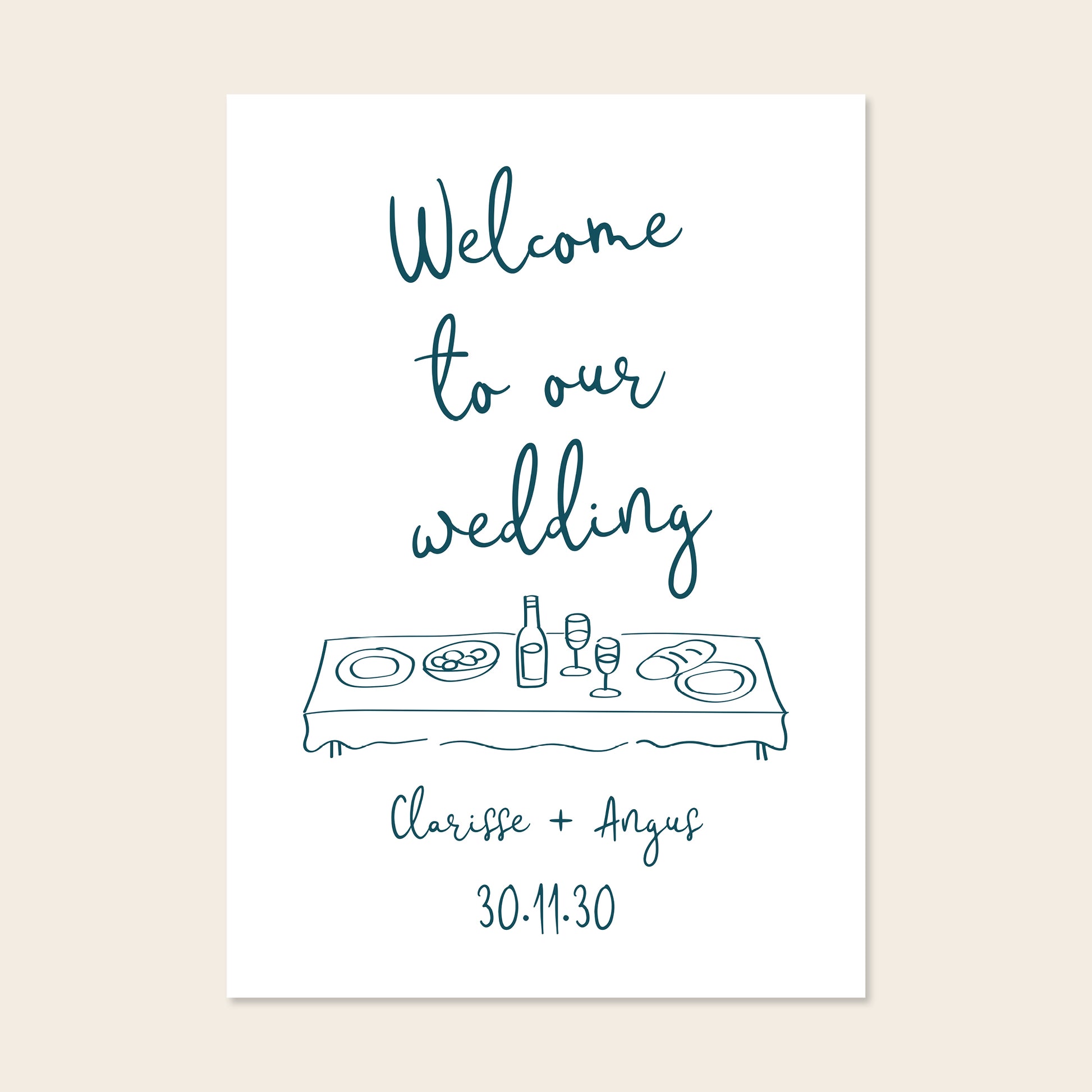 Whimsical wedding welcome sign template with hand-drawn illustration on a minimal background.
