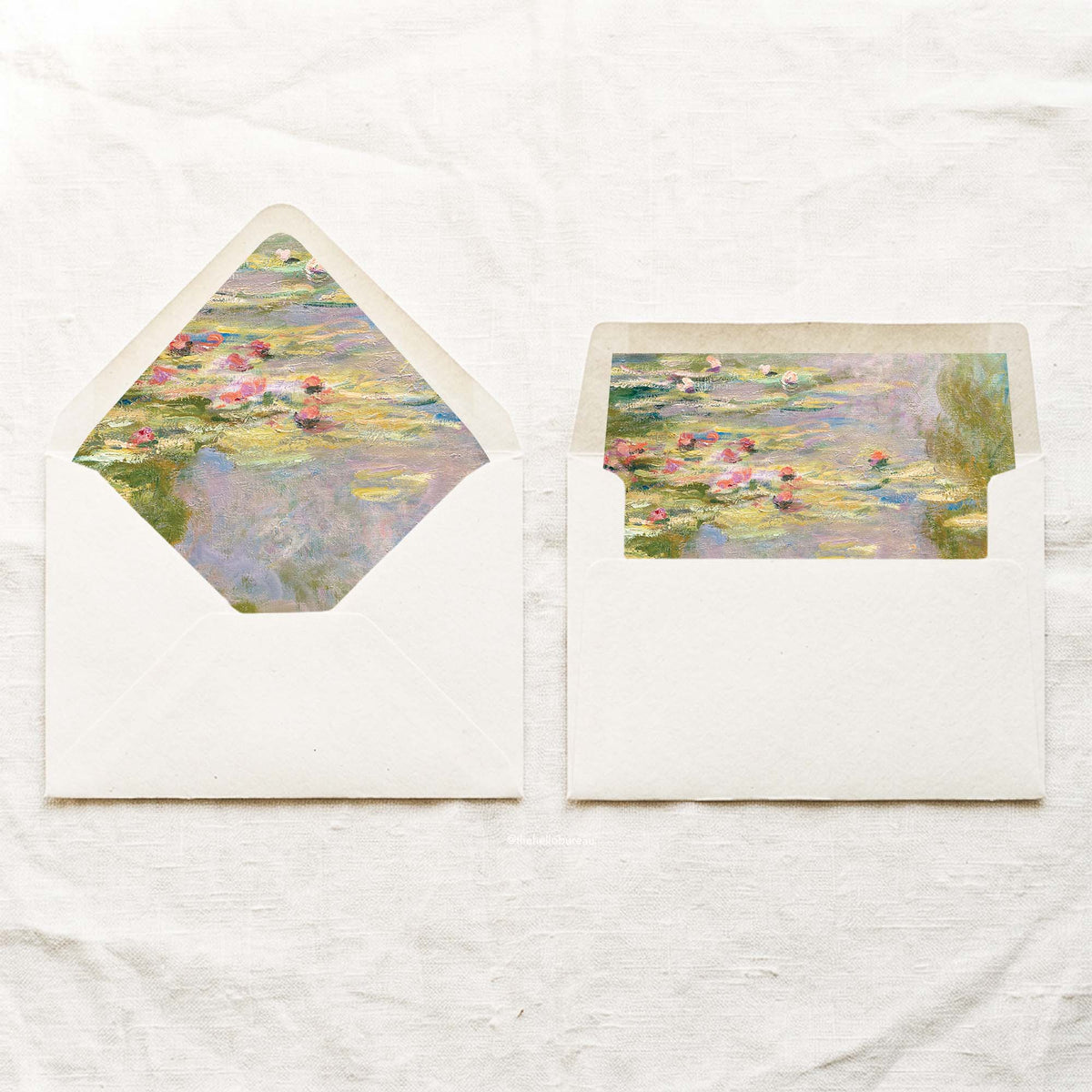 DIY fine art wedding envelope liners in a euro flap and a straight flap, with Monet’s pink water lilies and green lily pads, for 5x7 wedding invitations.