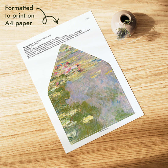 Printable Monet water lilies wedding envelope liner PDF formatted to print on A4 paper, with pink, lavender and green painted florals plus trim lines for a 5x7 euro flap envelope.