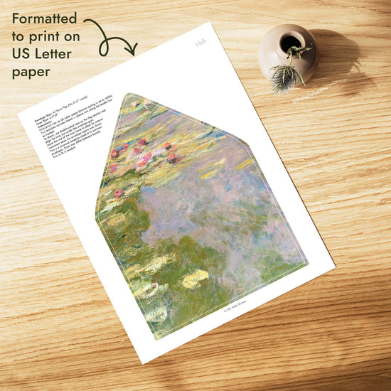 Printable water lilies envelope liner formatted for US Letter paper, sized for an A7 euro flap envelope that fits 5x7 wedding invitations, with painted pink lilies, DIY and ready to print at home.