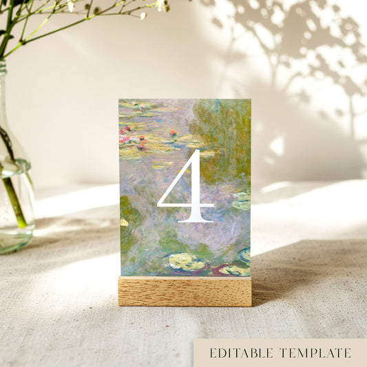 Monet Water Lilies wedding table number template with a fine art soft water lily painting, in a wooden stand.