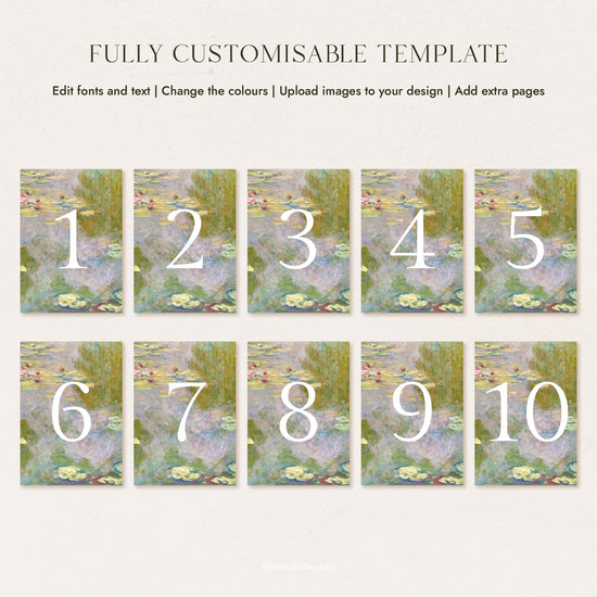 Fully customisable Monet Water Lilies wedding table number template shown for tables one through ten, soft floral tones.